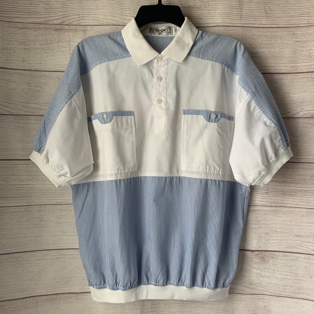 Vintage C.C. Sport White with Blue Pinstripe Color Block Pullover Shrit Size M